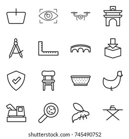 thin line icon set : basket, eye identity, drone, arch, draw compass, ruler, bridge, package, protected, chair, colander, chicken, harvester, viruses, wasp, iron board