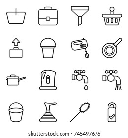 thin line icon set : basket, portfolio, funnel, baggage, bucket, mixer, pan, saute, kettle, water tap, plunger, duster, please clean