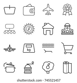 thin line icon set : basket, wallet, plane, medal, structure, sun power, home, mansion, heavy, lounger, cart, steam pan, hand mill, garden, paper towel