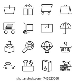 thin line icon set : basket, gift, delivery, shopping bag, cargo stoller, package box, dry, search, parachute, car baggage, repair tools, cereals, construct garbage