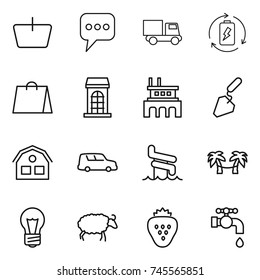 thin line icon set : basket, message, truck, battery charge, shopping bag, building, factory, construction, house, car shipping, aquapark, palm hammock, bulb, sheep, strawberry, water tap
