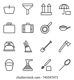 thin line icon set : basket, funnel, cargo top sign, insurance, suitcase, pan, kettle, knife holder, shovel, axe, bucket, plunger, toilet brush, duster