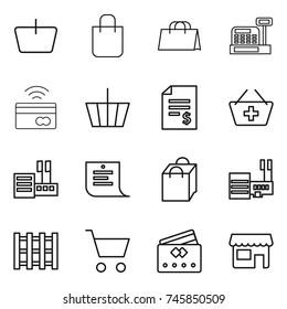 Thin Line Icon Set : Basket, Shopping Bag, Cashbox, Tap To Pay, Account Balance, Add, Store, List, Mall, Pallet, Cart, Credit Card, Shop