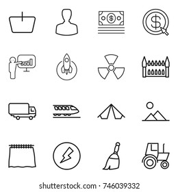 thin line icon set : basket, man, money, dollar arrow, presentation, rocket, nuclear, gothic architecture, shipping, train, tent, landscape, curtain, electricity, broom, tractor