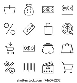 thin line icon set : basket, money bag, percent, sale, shopping, dollar arrow, add to cart, purse, bar code, credit card