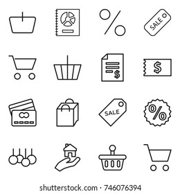 thin line icon set : basket, annual report, percent, sale, cart, account balance, receipt, credit card, shopping bag, label, real estate
