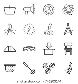 thin line icon set : basket, loudspeaker, target audience, atom, virus, lightning, infinity power, draw compass, pyramid, bridge, package, chair, colander, whisk, coffee seeds, goose
