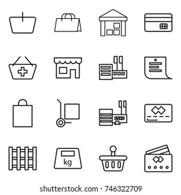 thin line icon set : basket, shopping bag, warehouse, credit card, add to, shop, store, list, cargo stoller, mall, pallet, heavy