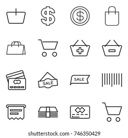 thin line icon set : basket, dollar, shopping bag, cart, add to, remove from, credit card, sale, bar code, atm receipt, money