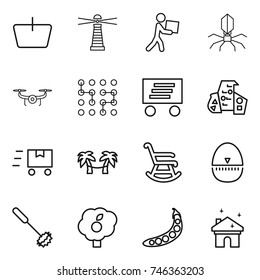 thin line icon set : basket, lighthouse, courier, virus, drone, chip, delivery, modern architecture, fast deliver, palm hammock, rocking chair, egg timer, whisk, garden, peas, house cleaning