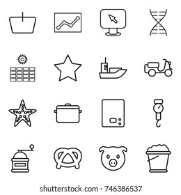 thin line icon set : basket, statistics, monitor arrow, dna, sun power, star, sea shipping, scooter, starfish, pan, kitchen scales, handle, hand mill, pretzel, pig, foam bucket