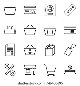 thin line icon set : basket, card, annual report, sale, shopping bag, credit, account balance, add to, label, percent, shop, cart, hanger