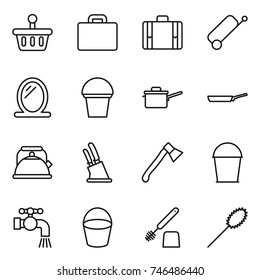 thin line icon set : basket, suitcase, mirror, bucket, saute pan, kettle, knife holder, axe, water tap, toilet brush, duster