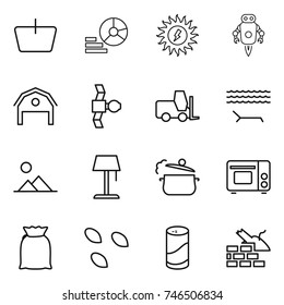 thin line icon set : basket, diagram, sun power, jet robot, barn, satellite, fork loader, lounger, landscape, floor lamp, steam pan, grill oven, flour, seeds, cleanser powder, construct garbage