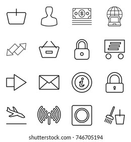 thin line icon set : basket, man, money, notebook globe, up down arrow, remove from, lock, delivery, right, mail, info, arrival, wireless, ring button, bucket and broom