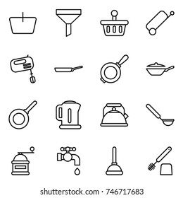 thin line icon set : basket, funnel, suitcase, mixer, pan, kettle, ladle, hand mill, water tap, plunger, toilet brush