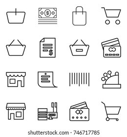 thin line icon set : basket, money, shopping bag, cart, account balance, remove from, credit card, shop, list, bar code, cashbox, mall