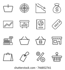 thin line icon set : basket, target, crisis, money bag, statistics, presentation, annual report, sale, cashbox, delete cart, shop, shopping, label, percent
