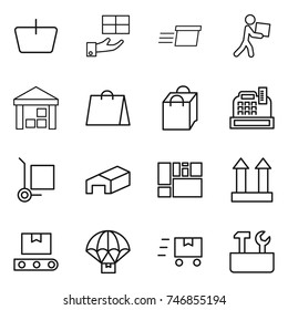 thin line icon set : basket, gift, delivery, courier, warehouse, shopping bag, cashbox, cargo stoller, consolidated, top sign, transporter tape, parachute, fast deliver, repair tools