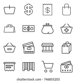 thin line icon set : basket, dollar, receipt, shopping bag, money, purse, add to, remove from, credit card, market, atm, bar code, cart