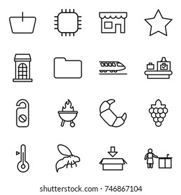 thin line icon set : basket, chip, shop, star, building, documents, train, baggage checking, do not distrub, bbq, croissant, grape, thermometer, wasp, package, kitchen cleaning