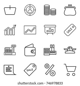 thin line icon set : basket, target audience, coin stack, purse, diagram, statistics, presentation, sale, cashbox, wallet, store, scales, shopping list, label, percent, cart