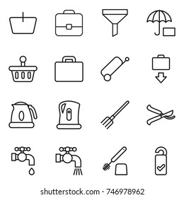 thin line icon set : basket, portfolio, funnel, insurance, suitcase, baggage get, kettle, fork, pruner, water tap, toilet brush, please clean