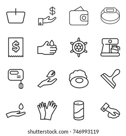 thin line icon set : basket, investment, wallet, smart bracelet, tax, acid, handwheel, coffee maker, mixer, hand leaf, soap, scraper, and drop, gloves, cleanser powder, wiping
