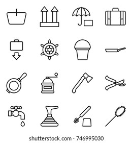 thin line icon set : basket, cargo top sign, insurance, suitcase, baggage get, handwheel, bucket, pan, hand mill, axe, pruner, water tap, plunger, toilet brush, duster