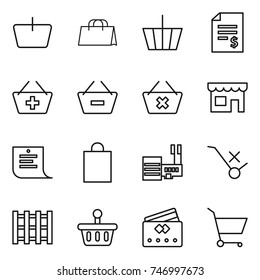 thin line icon set : basket, shopping bag, account balance, add to, remove from, delete cart, shop, list, mall, do not trolley sign, pallet, credit card