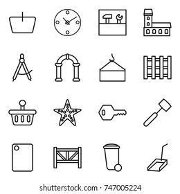 thin line icon set : basket, clock, tools, mansion, draw compass, arch, loading crane, pallet, starfish, key, meat hammer, cutting board, farm fence, trash bin, scoop