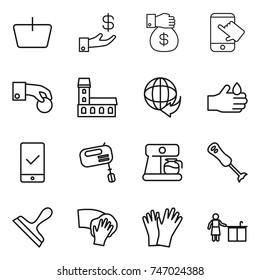 thin line icon set : basket, investment, money gift, touch, hand coin, mansion, delivery, acid, mobile checking, mixer, coffee maker, blender, scraper, wiping, gloves, kitchen cleaning