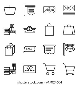 thin line icon set : basket, shop signboard, money, store, scales, shopping bag, sale, atm receipt, mall, credit card, cart