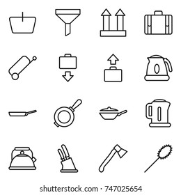 thin line icon set : basket, funnel, cargo top sign, suitcase, baggage get, kettle, pan, knife holder, axe, duster