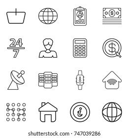 thin line icon set : basket, globe, report, money, 24 7, woman, calculator, dollar arrow, satellite antenna, server, smart watch, wireless home, chip, info