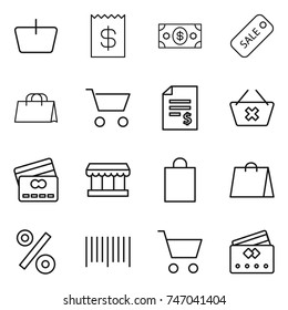 thin line icon set : basket, receipt, money, sale, shopping bag, cart, account balance, delete, credit card, market, percent, bar code
