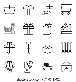 thin line icon set : basket, gift, delivery, cashbox, shopping bag, dry cargo, do not hook sign, package, pallet, parachute, broken, car baggage, warehouse