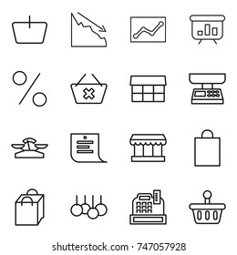 thin line icon set : basket, crisis, statistics, presentation, percent, delete cart, market, scales, shopping list, bag, sale, cashbox