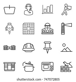 thin line icon set : basket, call center, graph, courier, jet robot, cpu, mansion, lighthouse, school, building helmet, pin, landscape, wardrobe, steam pan, grill oven, construct garbage