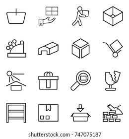 thin line icon set : basket, gift, courier, box, cashbox, warehouse, 3d, trolley, sun potection, hi quality package, cargo search, broken, rack, construct garbage