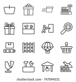 thin line icon set : basket, gift, delivery, cashbox, tools, courier, cargo search, transporter tape, pallet, parachute, broken, repair, warehouse, construct garbage