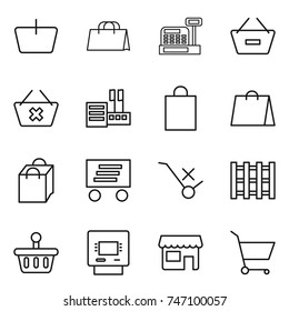 thin line icon set : basket, shopping bag, cashbox, remove from, delete cart, store, delivery, do not trolley sign, pallet, atm, shop
