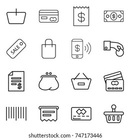 thin line icon set : basket, card, receipt, money, sale, shopping bag, phone pay, hand coin, account balance, purse, remove from, credit, bar code, atm