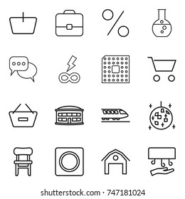 thin line icon set : basket, portfolio, percent, round flask, discussion, infinity power, cpu, cart, remove from, airport building, train, disco ball, chair, ring button, barn, hand dryer