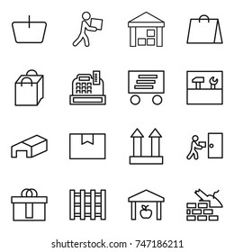 thin line icon set : basket, courier, warehouse, shopping bag, cashbox, delivery, tools, package box, cargo top sign, hi quality, pallet, construct garbage