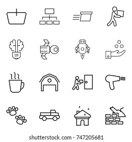 thin line icon set : basket, hierarchy, delivery, courier, bulb brain, satellite, jet robot, chemical industry, hot drink, barn, hair dryer, pets, pickup, house cleaning, construct garbage