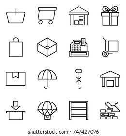 thin line icon set : basket, delivery, warehouse, gift, shopping bag, box, cashbox, cargo stoller, package, dry, do not hook sign, parachute, rack, construct garbage