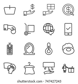 thin line icon set : basket, investment, gift, dollar arrow, hand coin, cargo stoller, delivery, mobile checking, remote control, mirror, thermometer, soap, wiping, hanger, dryer, kitchen cleaning
