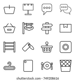thin line icon set : basket, billboard, message, discussion, remove from, shop signboard, singlepost, package box, rack, label, ring button, hanger, cutting board, fork spoon plate, trash bin