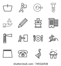 thin line icon set : basket, courier, cell corection, vial, chemical industry, pencil, flower, houses, lighthouse, delivery, cafe, surfer, curtain, phone, goose, house cleaning